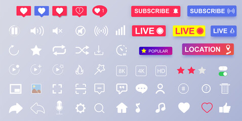 Set of media icons. Interface buttons. Like heart user favorite option comment bubble social media icons.Template modern design icons,buttons. User sticker. Mobile web ui/ux.Vector illustration
