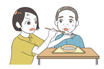 食べ物をこぼす高齢男性　つい怒る女性介護士
