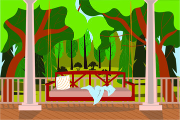 Summer terrace overlooking the forest. Summer trees. Vector illustration