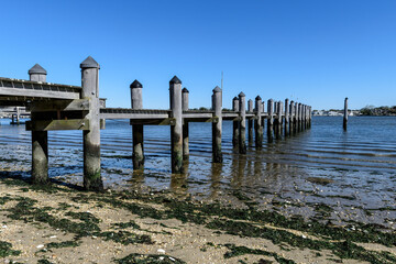Long dock with pilings at low tide and seaweed in the foreground against a blue sky.
