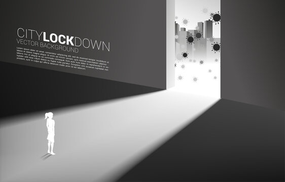 Silhouette of woman lock down inside building from virus outside . Concept of city lock down social distancing and isolation.