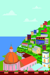 View of the city from above - sea, mountain, architecture. Vector illustration. Picturesque Amalfi coast. Italy

