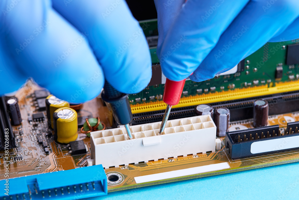 Poster technician engineer fix computer hardware. computer repair service concept. electronic industry conc