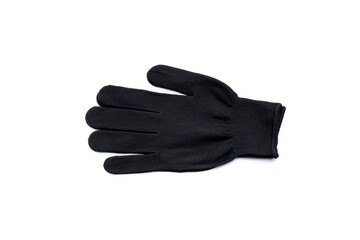 black textile worker gloves isolated on a white background. above view. studio shot. handyman protective equipment