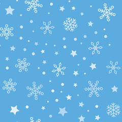 Snow vector pattern. Snowflake and stars seamless texture. Winter background. Vector elements.