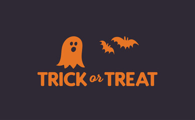 Cute cartoon ghost with trick or treat text design. Funny Halloween illustration.