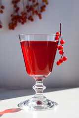 Wine glass with wine or red berry juice in the sunlight