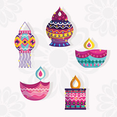 happy diwali festival, set icons of lanterns and diya lamps detailed