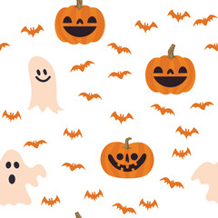 Halloween pumpkins, bats and ghosts seamless pattern. Cute illustrations background.