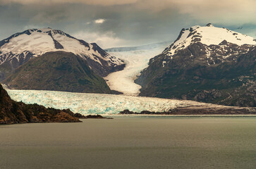 Sarmiento Channel, Chile - December 11, 2008: Wide shot of Amalia Glacier landing in the fjord. 2...