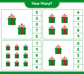 Counting game, how many Gift Boxes. Educational children game, printable worksheet, vector illustration