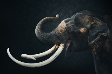 Asia elephant isolated on dark background. Elephant Head isolated on black with clipping path....