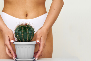 The girl holds a large cactus in the groin or bikini area. The concept of intimate hygiene,...
