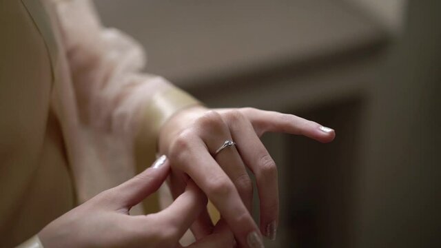 Bride or wife with marriage wedding ring on her hand. Just married woman