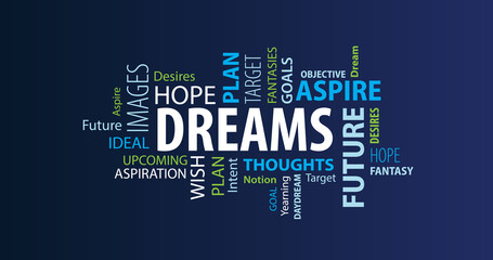 Dreams Word Cloud on a Blue Background