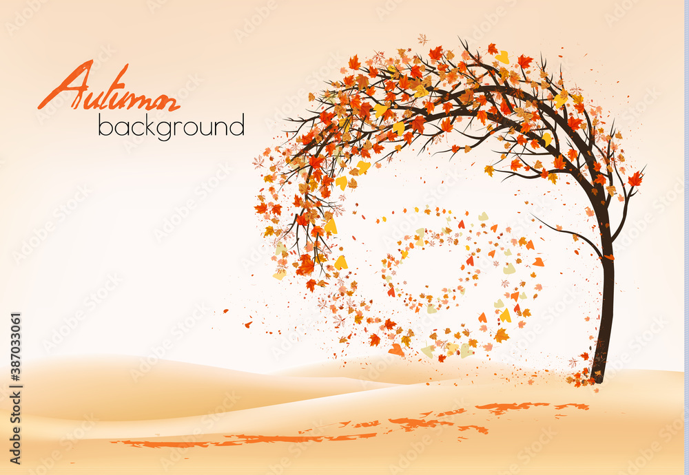 Poster hello a gold autumn. autumn landscape with autumn colorful leaves on the tree in a park on a backgro