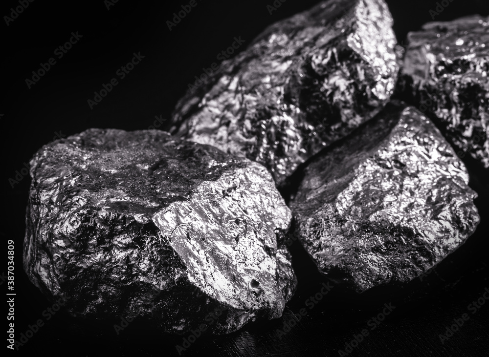 Poster silver ore, silver nuggets isolated on black background