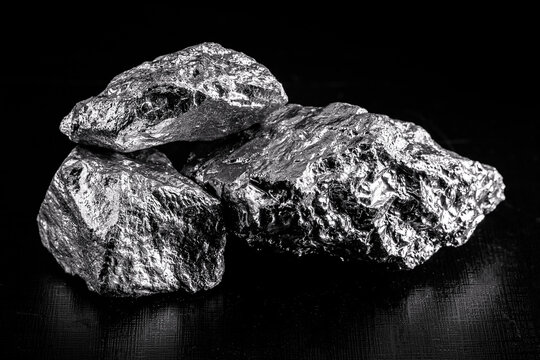 silver ore, silver nuggets isolated on black background