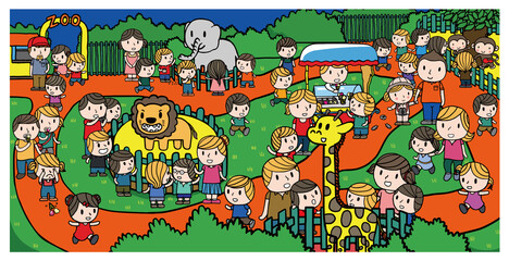 people visiting a zoo cartoon illustration for children