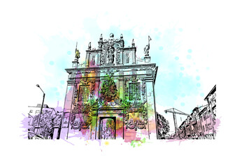 Building view with landmark of Braga is a city in the far north of Portugal. Watercolor splash with hand drawn sketch illustration in vector.