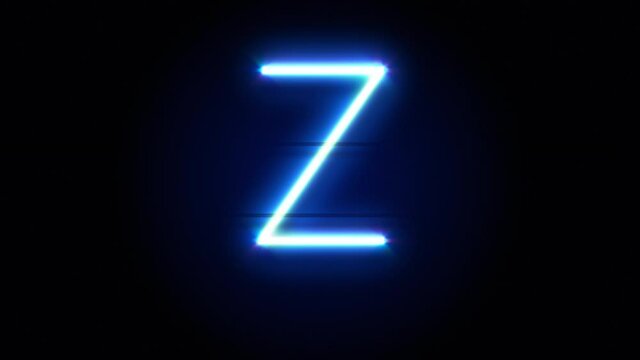 Neon font letter Z uppercase appear in center and disappear after some time. Animated blue neon alphabet symbol on black background. Looped animation.