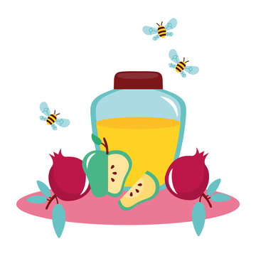 honey in jar with fruits and bees flying