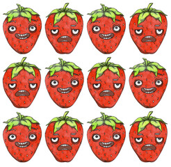 pattern of angry and funny strawberries drawn with markers on a white background