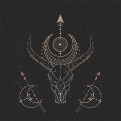 Vector illustration with hand drawn Wild buffalo skull and Sacred geometric symbol on black vintage background. Abstract mystic sign.