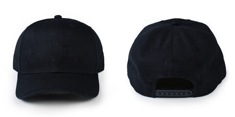 Black baseball cap in four different angles views. Mock up. Baseball cap black and white templates,...