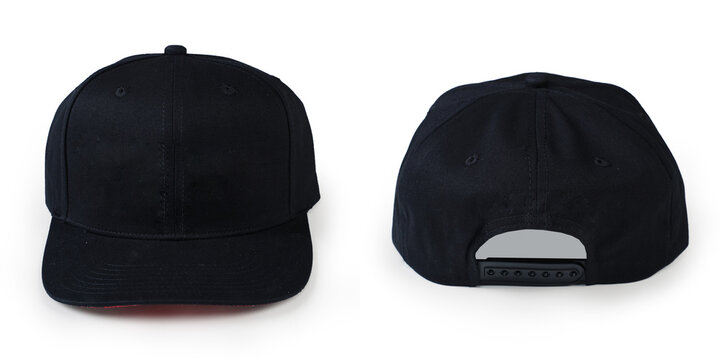 Black baseball cap in four different angles views. Mock up. Baseball cap black and white templates, front, side, back views set. Black cap isolated on white background.