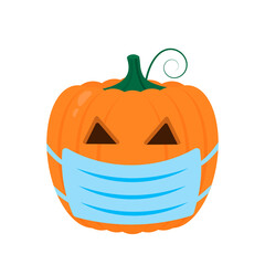 Halloween Pumpkin wearing protective mask icon isolated on white. Cute cartoon Jack-o -Lantern. Coronavirus covid-19 pandemic. Halloween 2020 party decorations. Easy to edit vector template