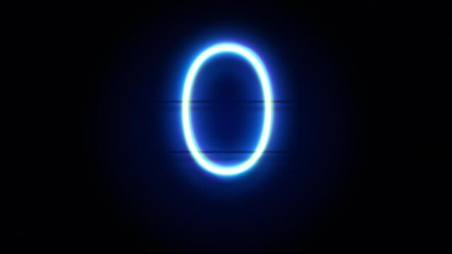 Neon number 0 appear in center and disappear after some time. Animated blue neon alphabet symbol on black background. Looped animation.