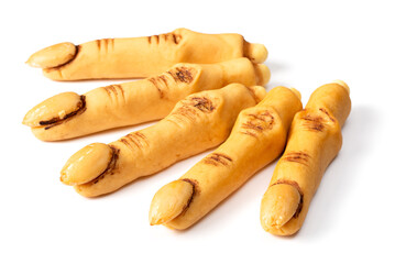 Spooky Halloween witch finger cookies isolated on the white background