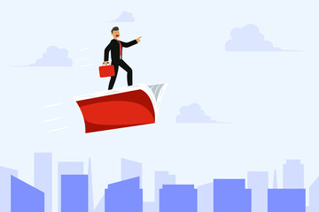 Success book vector concept: Success businessman flying with a book above the city