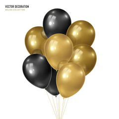 3d vector realistic golden with black bunch of helium balloons isolated on white background. Decoration element design for birthday, wedding, parties, celebrate festive. .Vector illustration template