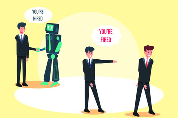 Artificial intelligence vector concept: Businessman fired human worker and hired a robot to work