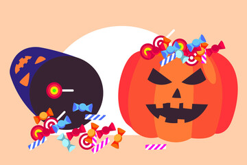 Halloween vector concept: A bucket of candies and pumpkin in halloween party