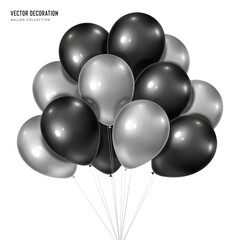 3d vector realistic silver with black bunch of helium balloons isolated on white background. Decoration element design for birthday, wedding, parties, celebrate festive. .Vector illustration template