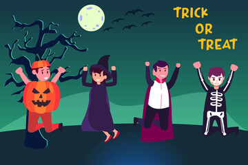 Halloween vector concept: Happy teenagers in halloween costume jumping together with Trick or treat text