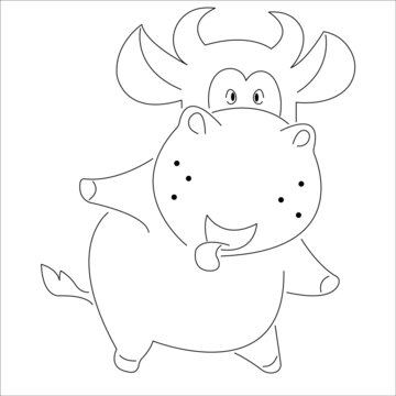 Cow is a funny coloring drawn with lines, kotur. The design is suitable for anti-stress coloring book, decor, textiles, postcards, kids rooms, t-shirt printing, album. Isolated vector illustration