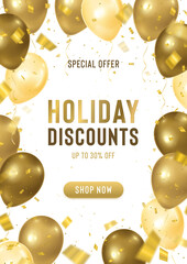 Vector holiday discounts banner with realistic golden balloons. Special offer for season sale. Decorative illustration template design. Helium shiny 3d balloons with gold confetti.