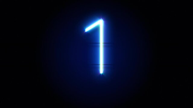Neon number 1 appear in center and disappear after some time. Animated blue neon alphabet symbol on black background. Looped animation.