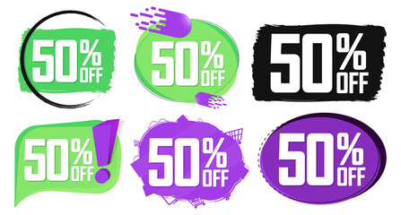 Set Sale 50% off banners, discount tags design template, vector illustration