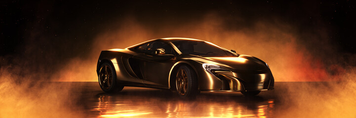 Obraz na płótnie Canvas Gold sports car, studio setup on a golden background. 3d rendering 