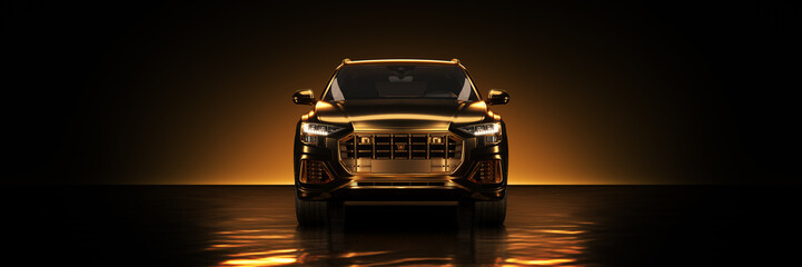 Gold sports car, studio setup on a golden background. 3d rendering	
