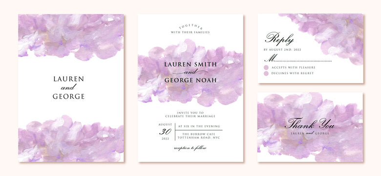 wedding invitation suite with modern purple abstract painting