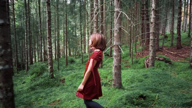 Truck shot of a girl with short hair in a red dress walking through a dense spruce forest, looking curiously around herself.