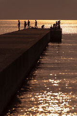 夕日に照らされた堤防で釣りを楽しむ人々