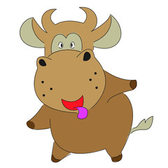 The cow is funny, drawn in flat style. The design is suitable for decor, postcards, greetings, textiles, postcards, children's rooms, printing on T-shirts or clothes, textiles, album. Isolated vector 