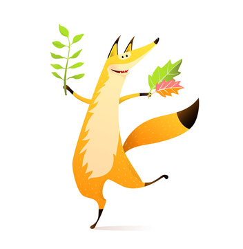 Happy fall dancing fox with autumn leaves, cartoon for children. Vector watercolor style cartoon.